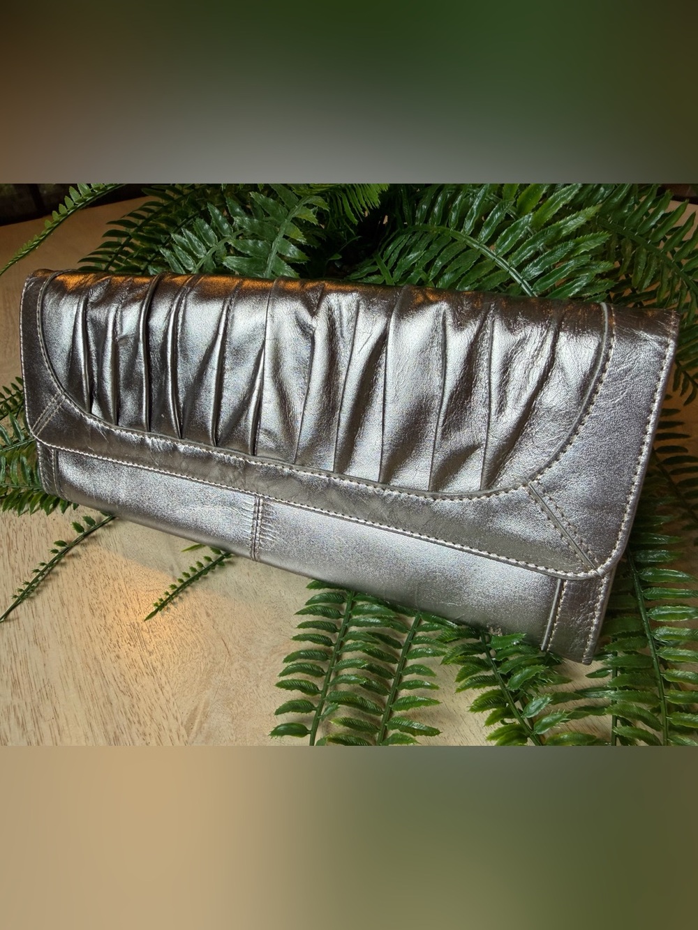 FOSSIL leather clutch, Metallic Silver Ruched, Never Used